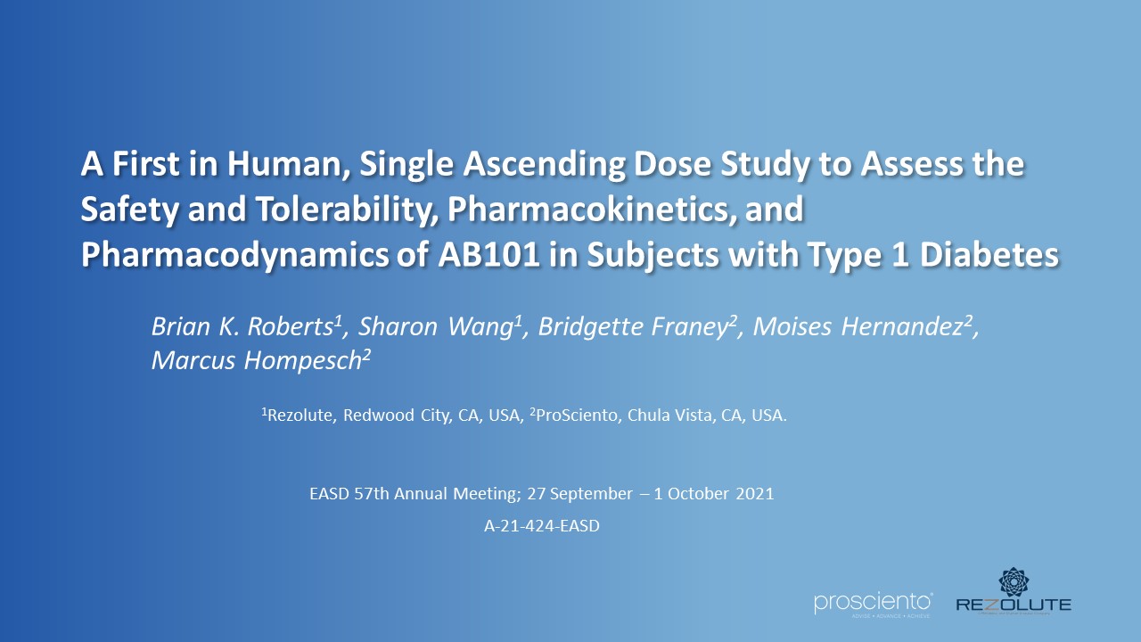 A First in Human, Single Ascending Dose Study to Assess the Safety and Tolerability, Pharmacokinetics, and Pharmacodynamics of AB101 in Subjects with Type 1 Diabetes​ thumbnail