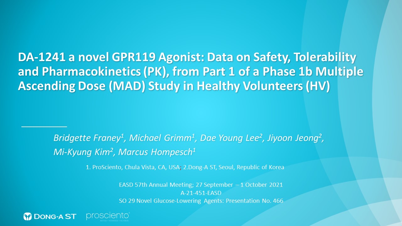 DA-1241 a novel GPR119 agonist: Data on safety, tolerability and pharmacokinetics (PK), from part 1 of a phase 1b multiple ascending dose (MAD) study in healthy volunteers (HV) thumbnail
