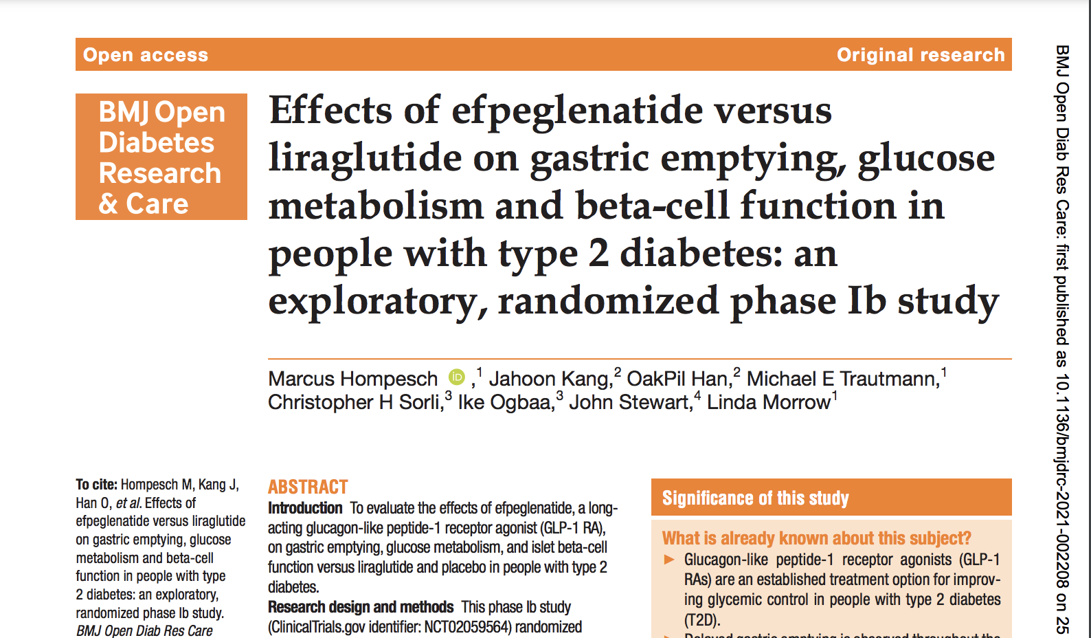 image of Effects of efpeglenatide versus liraglutide on gastric emptying, glucose metabolism and beta-cell function in people with type 2 diabetes: an exploratory, randomized phase Ib study