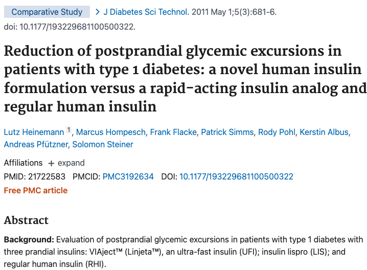 image of Reduction of postprandial glycemic excursions in patients with type 1 diabetes: a novel human insulin formulation versus a rapid-acting insulin analog and regular human insulin.