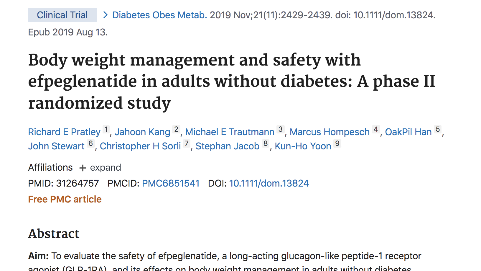 image of Body weight management and safety with efpeglenatide in adults without diabetes: A phase II randomized study