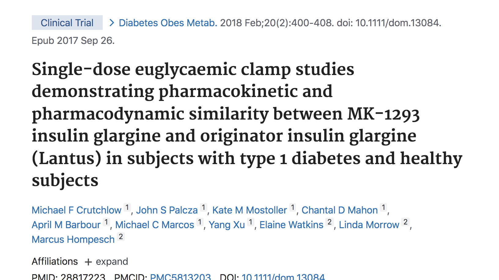 image of Single-dose euglycaemic clamp studies demonstrating pharmacokinetic and pharmacodynamic similarity between MK-1293 insulin glargine and originator insulin glargine (Lantus) in subjects with type 1 diabetes and healthy subjects.