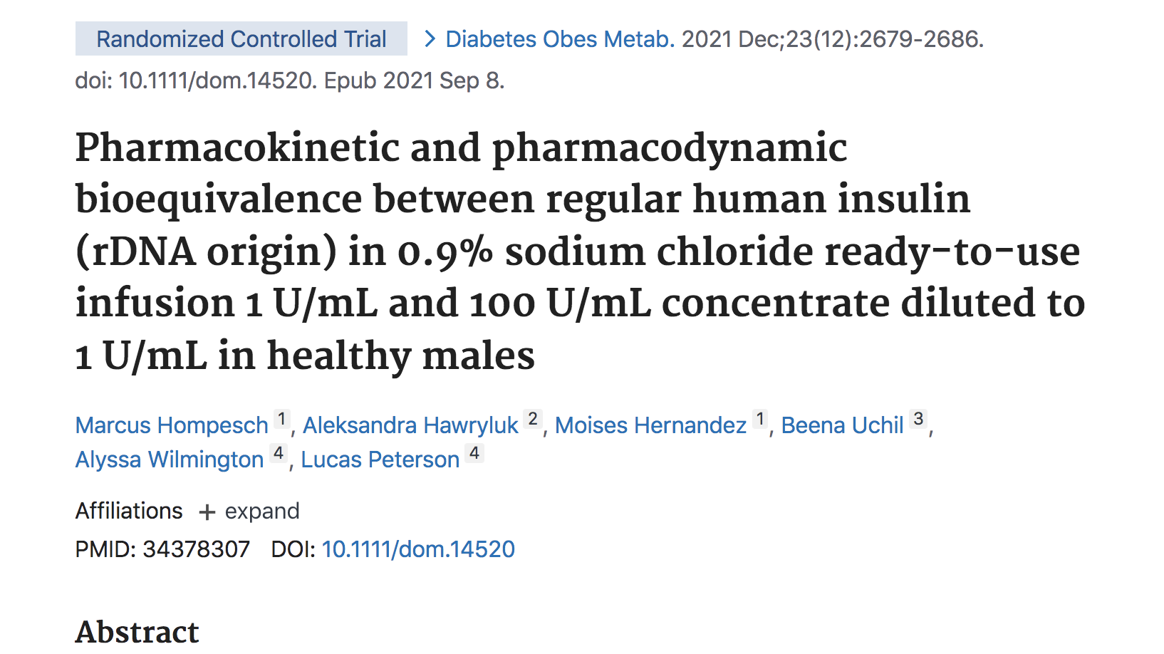 Pharmacokinetic and Pharmacodynamic Bioequivalence between regular human insulin [rDNA origin] in 0.9% sodium chloride ready-to-use infusion 1U/mL and in 100U/mL concentrate diluted to 1U/mL in Healthy Males. thumbnail