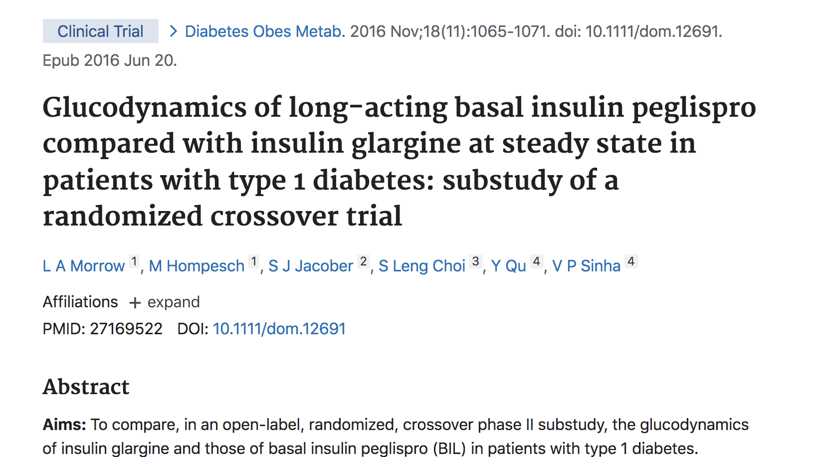 Glucodynamics of Long-Acting Basal Insulin Peglispro (BIL) Compared With Insulin Glargine at Steady State in Subjects with Type 1 Diabetes: substudy of a randomized crossover trial. thumbnail
