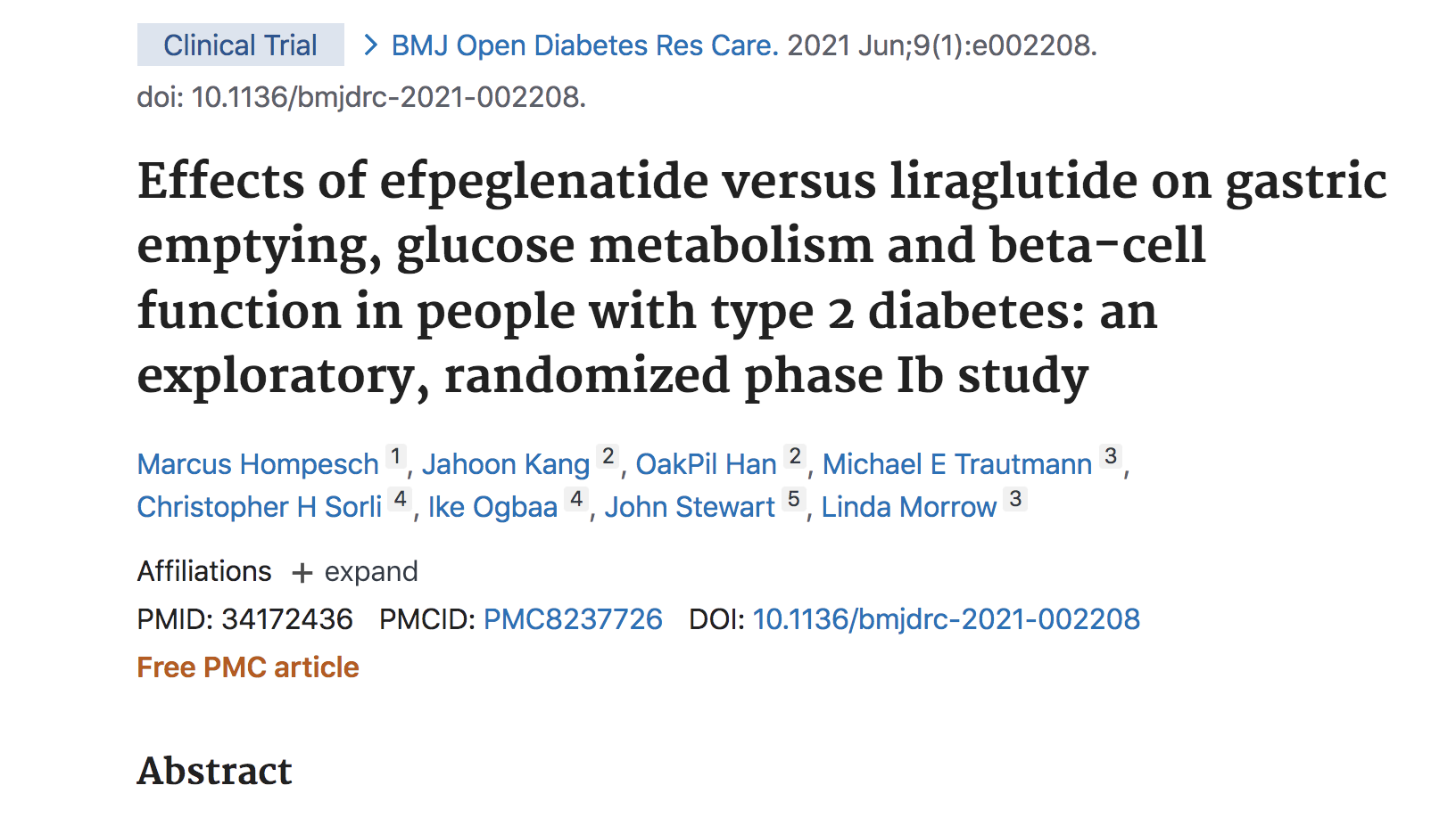 image of Effects of efpeglenatide versus liraglutide on gastric emptying, glucose metabolism and beta-cell function in people with type 2 diabetes: an exploratory, randomized phase Ib study.