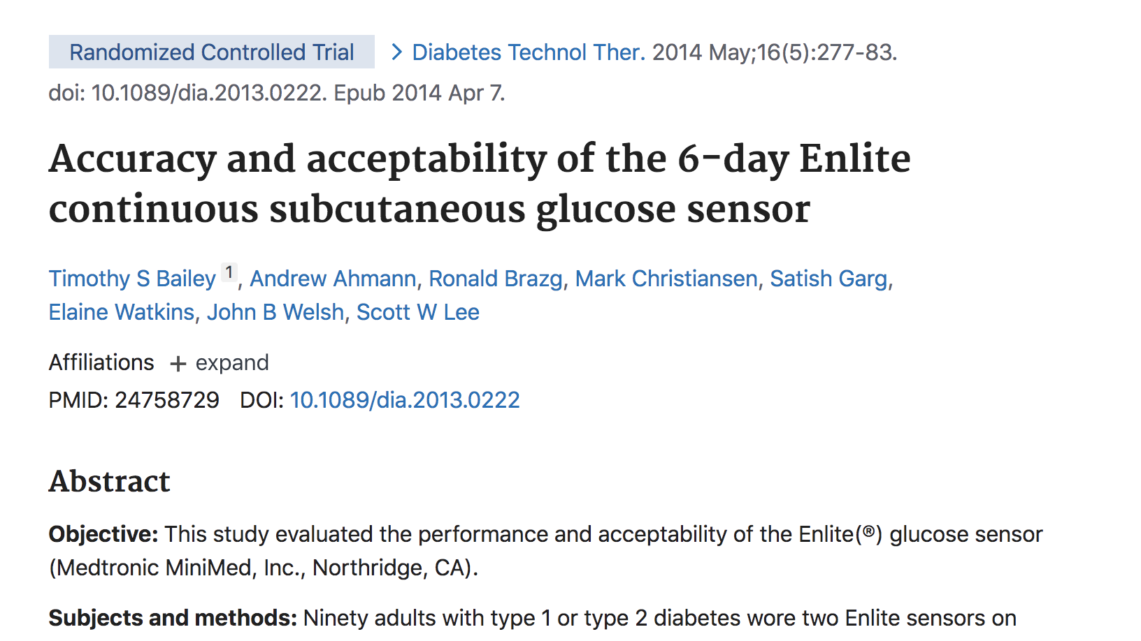 Accuracy and acceptability of the 6-day Enlite continuous subcutaneous glucose sensor thumbnail