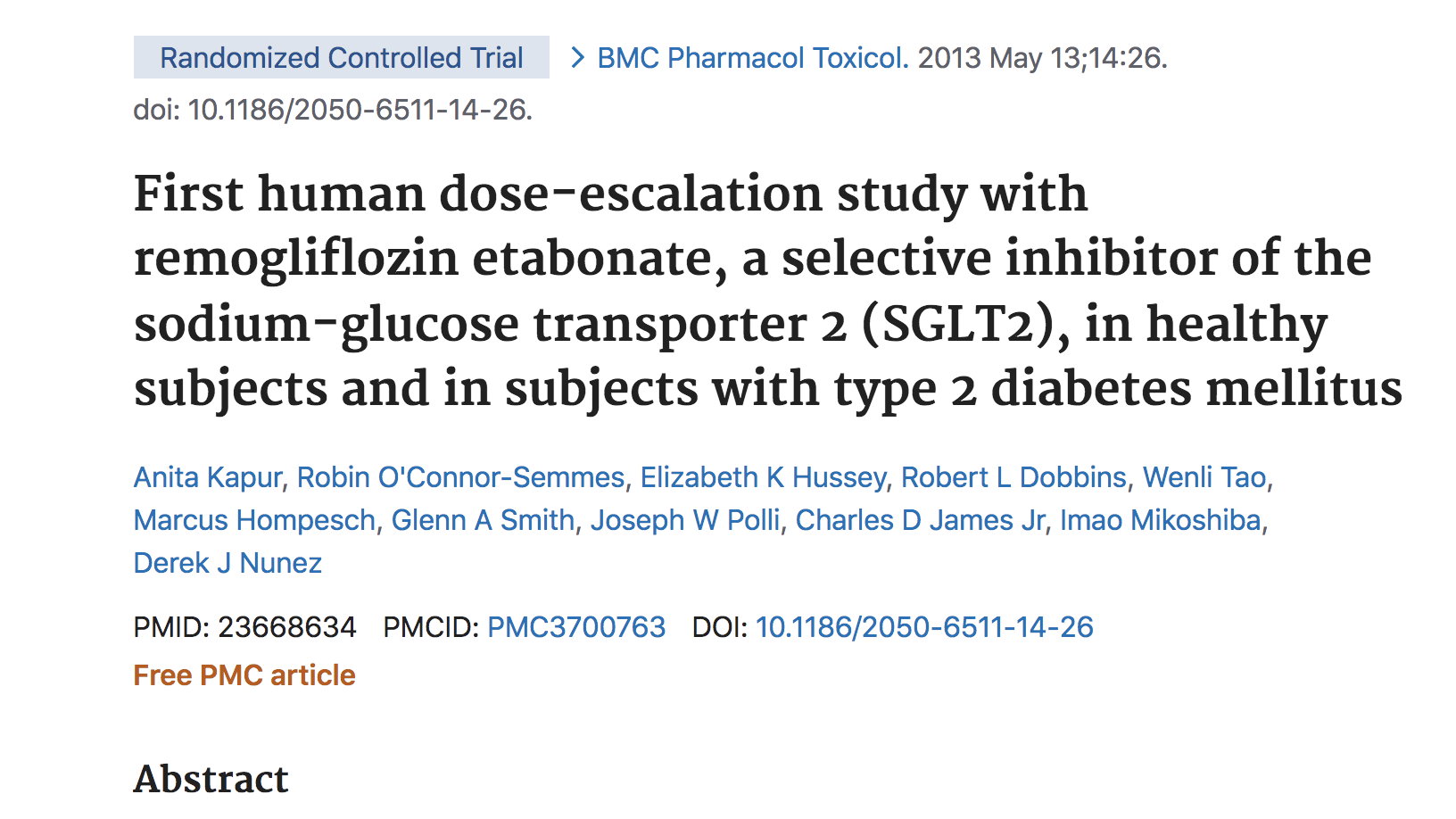 First human dose-escalation study with remogliflozin etabonate, a selective inhibitor of the sodium-glucose transporter 2 (SGLT2), in healthy subjects and in subjects with type 2 diabetes mellitus thumbnail