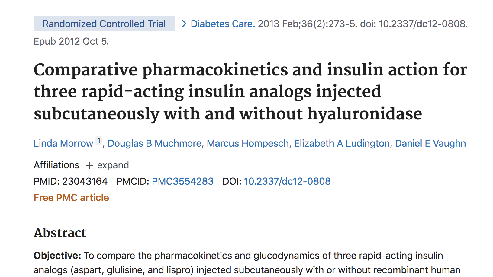 Comparative pharmacokinetics and insulin action for three rapid-acting insulin analogs injected subcutaneously with and without hyaluronidase thumbnail
