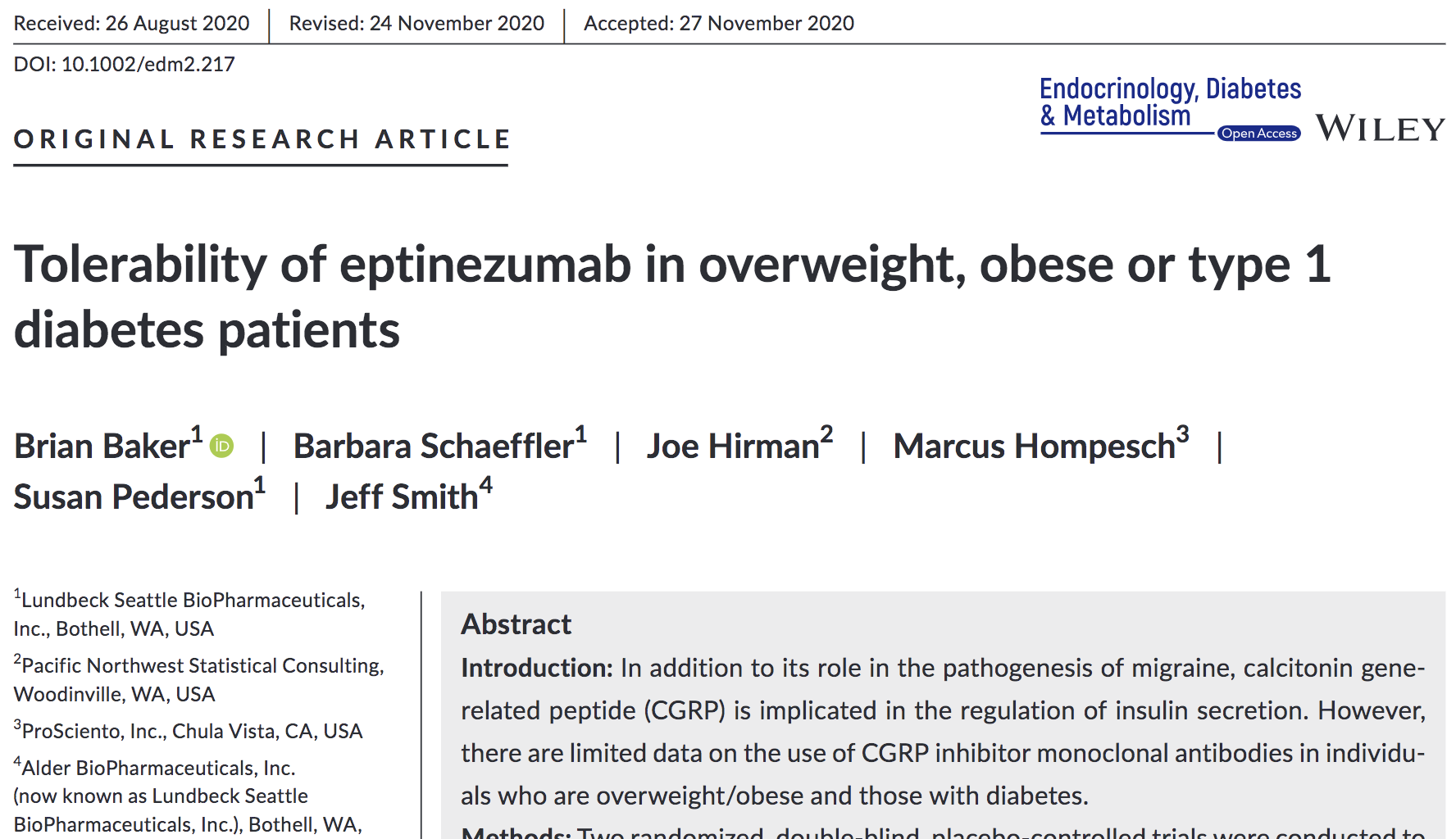 image of Tolerability of eptinezumab in overweight, obese or type 1 diabetes patients.