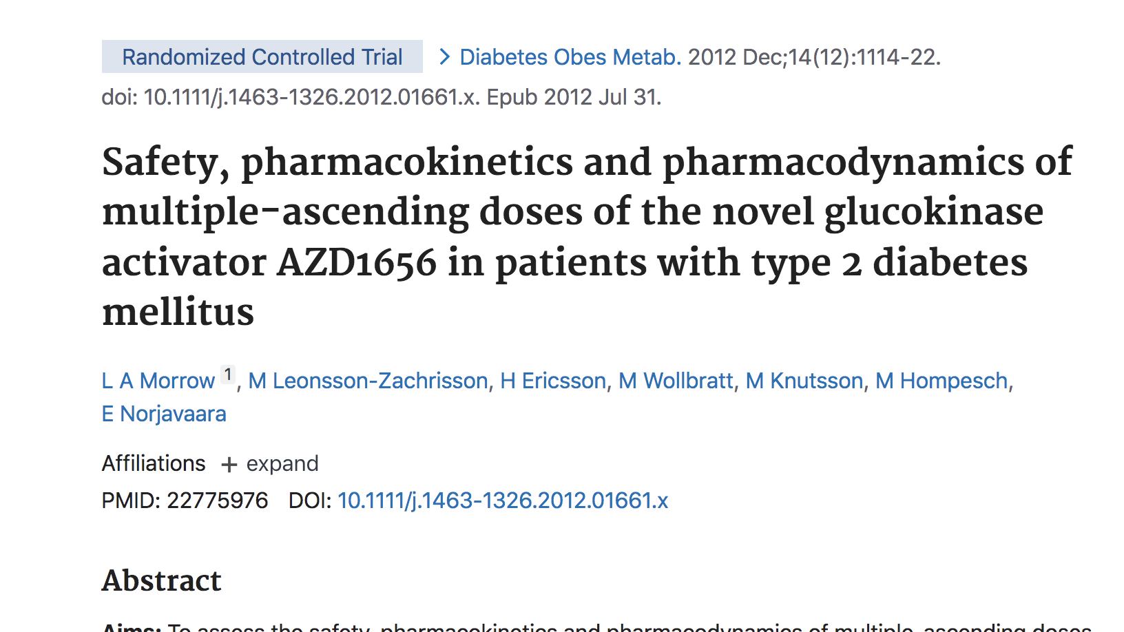 image of Safety, pharmacokinetics and pharmacodynamics of multiple-ascending doses of the novel glucokinase activator AZD1656 in patients with type 2 diabetes mellitus.