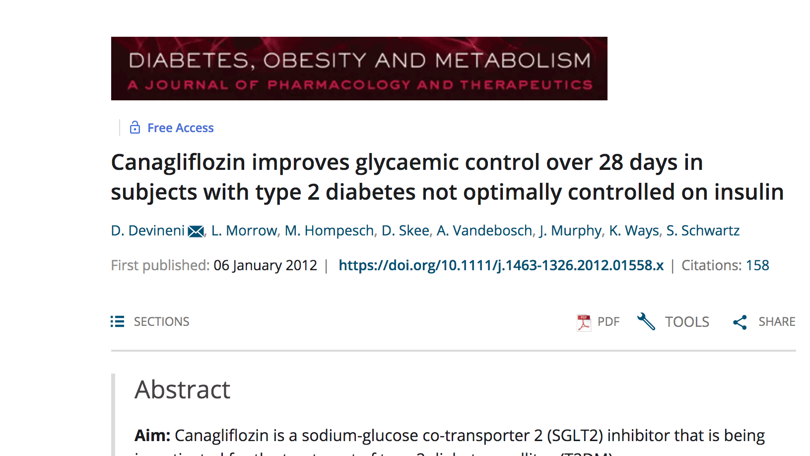 Canagliflozin improves glycaemic control over 28 days in subjects with type 2 diabetes not optimally controlled on insulin. thumbnail
