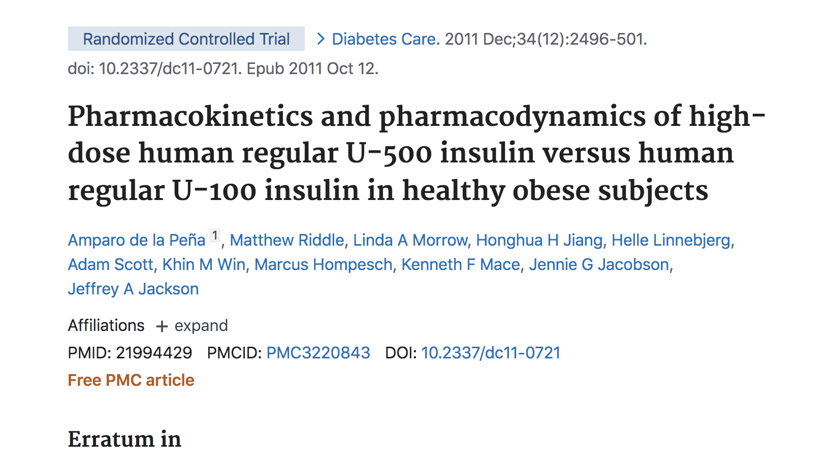 image of Pharmacokinetics and pharmacodynamics of high-dose human regular U-500 insulin versus human regular U-100 insulin in healthy obese subjects.