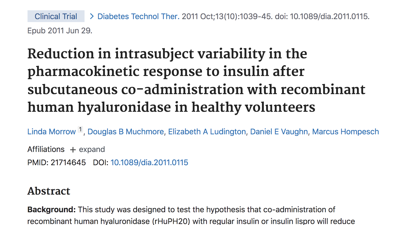 image of Reduction in intrasubject variability in the pharmacokinetic response to insulin after subcutaneous co-administration with recombinant human hyaluronidase in healthy volunteers.
