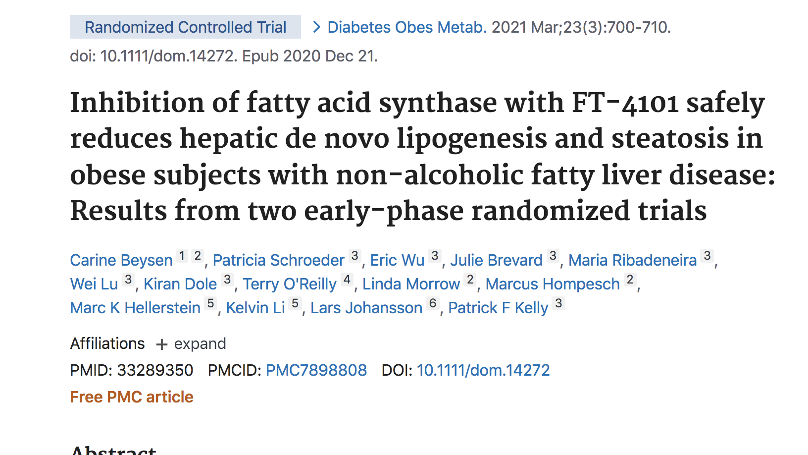 image of Inhibition of fatty acid synthase with FT-4101 safely reduces hepatic de novo lipogenesis and steatosis in obese subjects with NAFLD non-alcoholic fatty liver disease: results from two early
