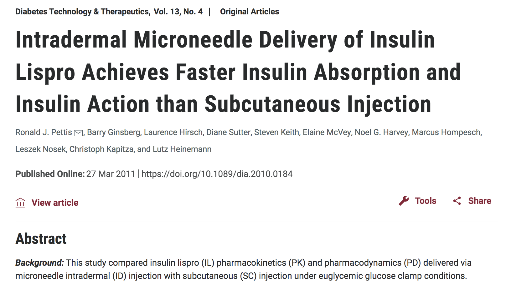 Intradermal microneedle delivery of insulin lispro achieves faster insulin absorption and insulin action than subcutaneous injection thumbnail