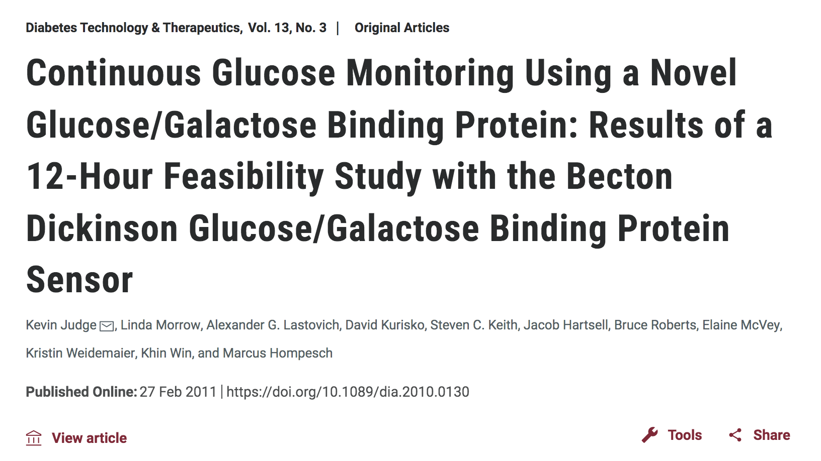 image of Continuous glucose monitoring using a novel glucose/galactose binding protein: results of a 12-hour feasibility study with the becton dickinson glucose/galactose binding protein sensor.