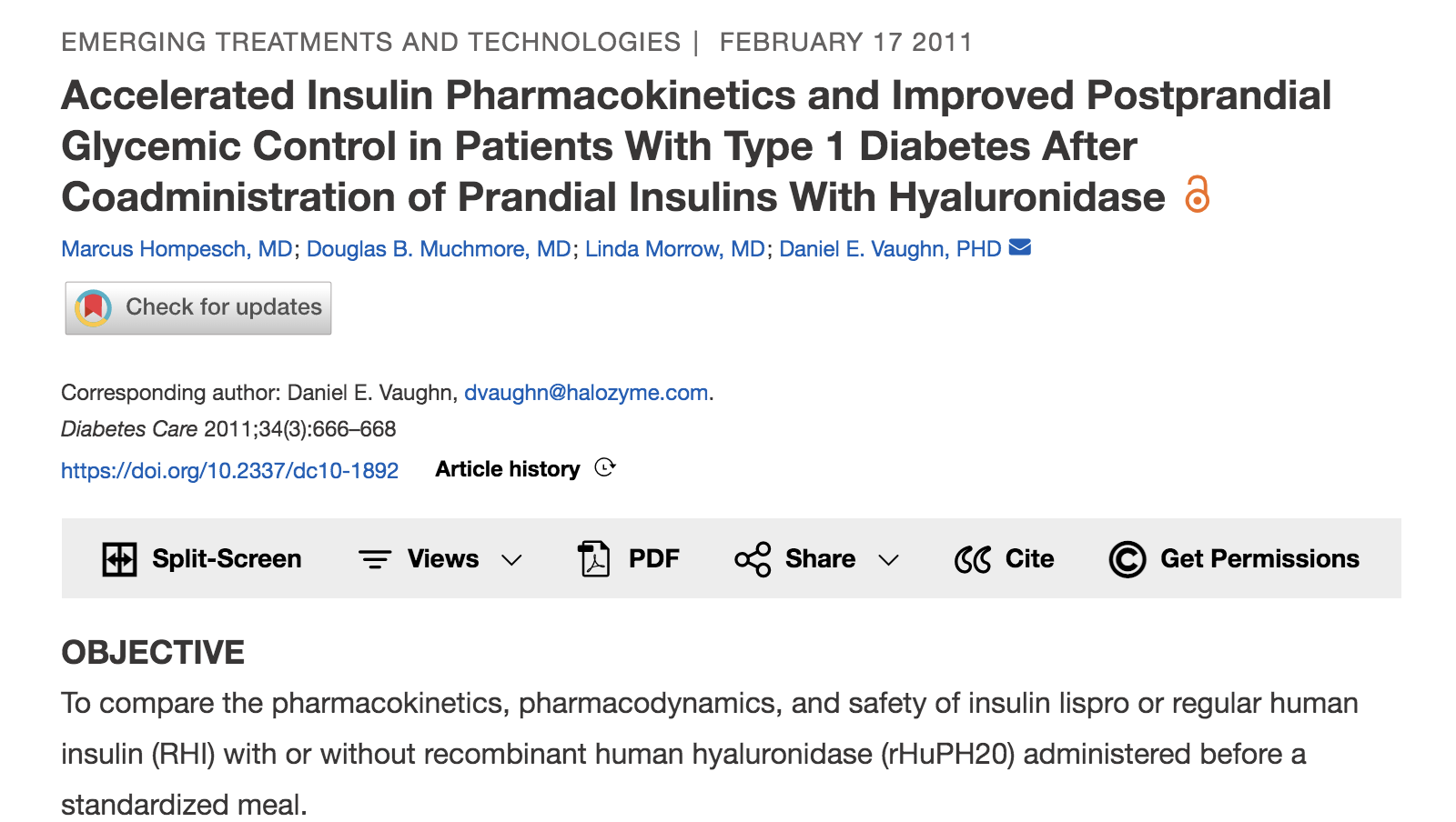 image of Accelerated insulin pharmacokinetics and improved postprandial glycemic control in patients with type 1 diabetes after coadministration of prandial insulins with hyaluronidase.