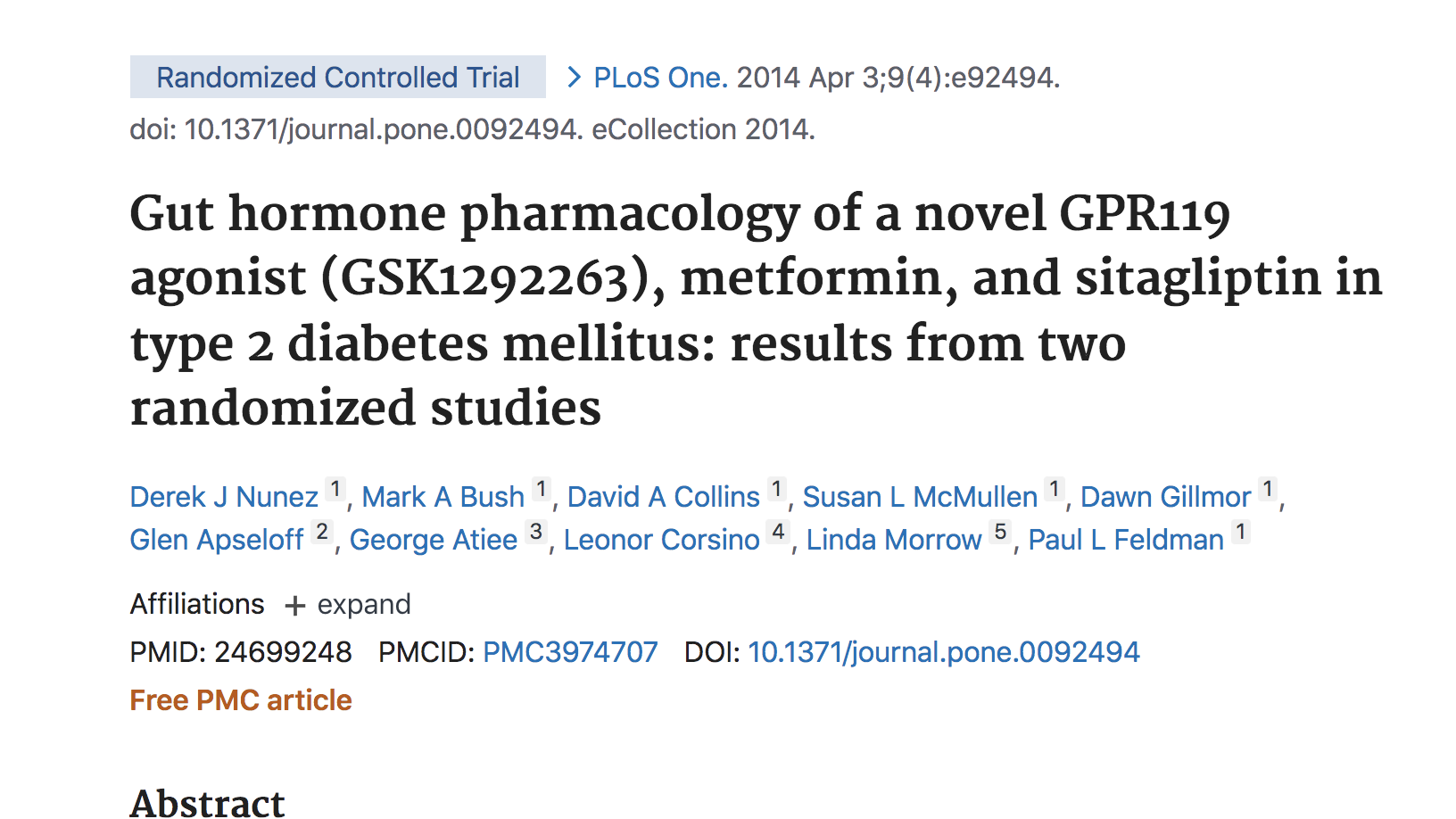 image of Gut hormone pharmacology of a novel GPR119 agonist (GSK1292263), metformin, and sitagliptin in type 2 diabetes mellitus: results from two randomized studies.
