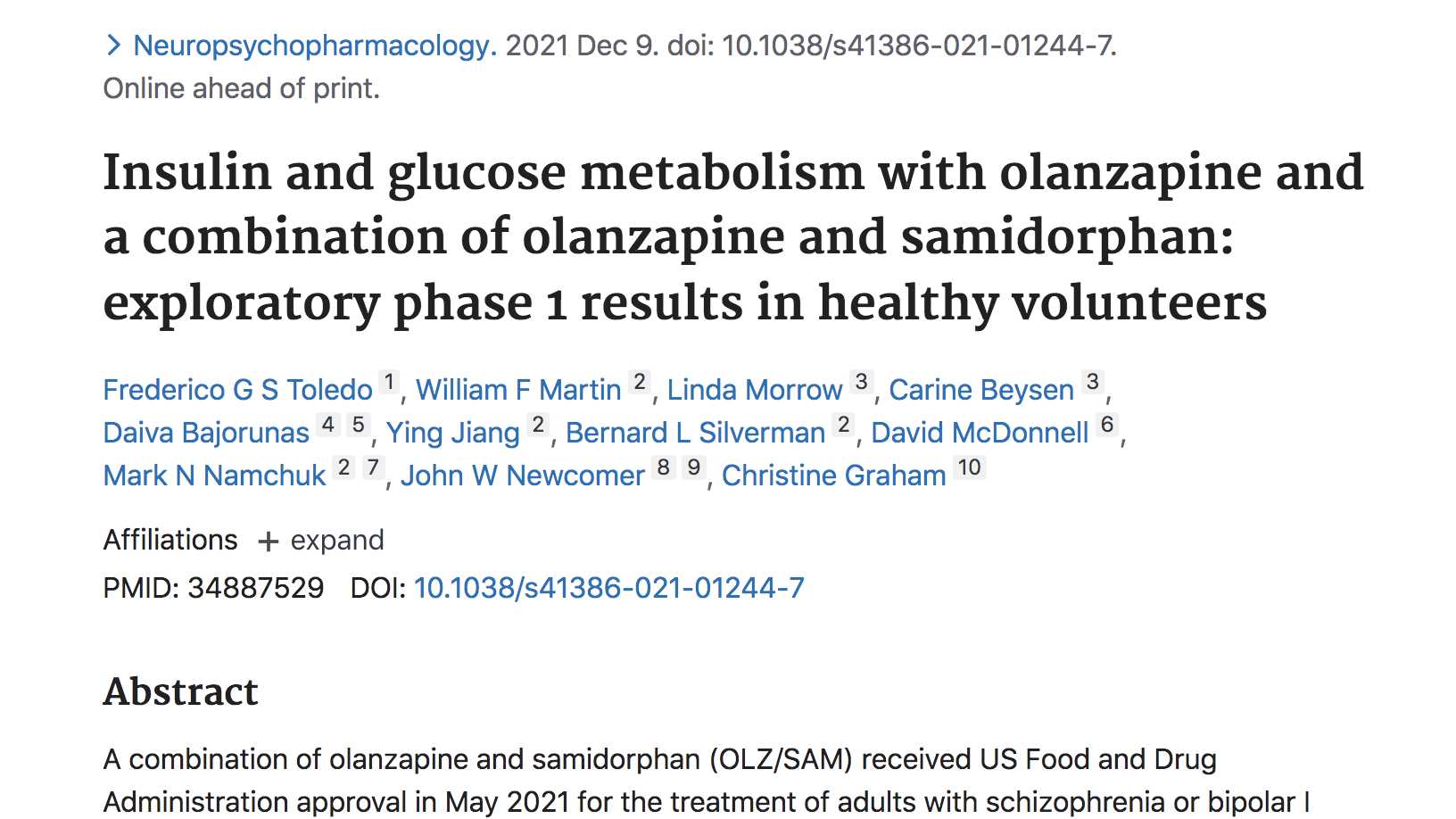 184 Insulin Sensitivity and Glucose Metabolism of Olanzapine and Combination Olanzapine and Samidorphan: A Phase 1 Exploratory Study in Healthy Volunteers thumbnail