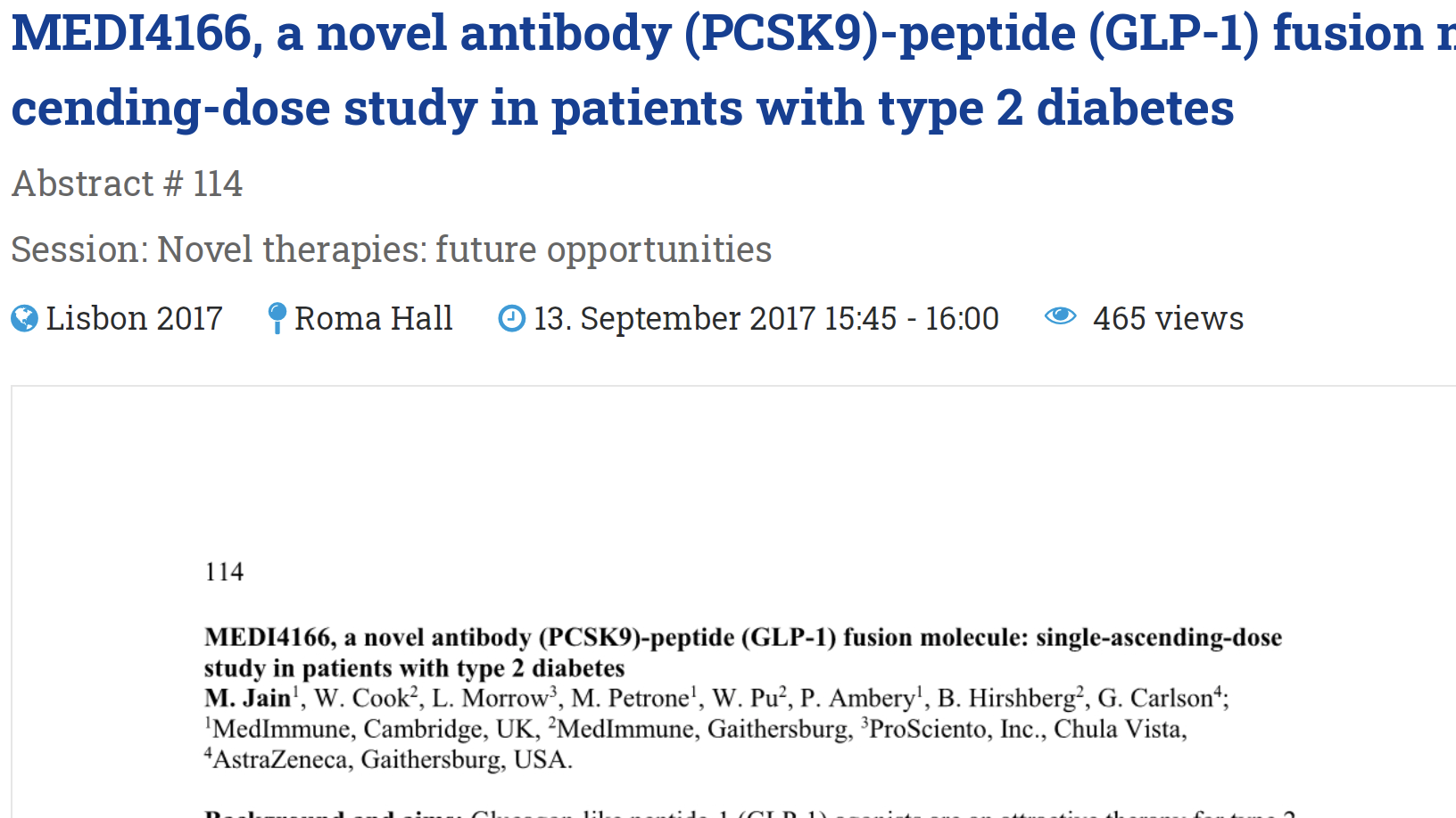 MEDI4166, a novel antibody (PCSK9)-peptide (GLP-1) fusion molecule: single-ascending-dose study in patients with type 2 diabetes thumbnail