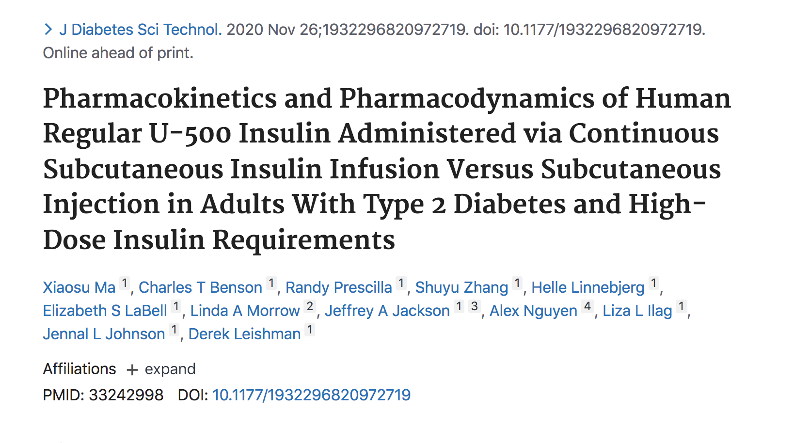 image of Pharmacokinetics and Pharmacodynamics of Human Regular U-500 Insulin (U-500R) Administered via Continuous Subcutaneous Insulin Infusion (CSII) vs. Subcutaneous Injection (SCI) in Adults with Type 2 Diabetes and High Insulin Requirements
