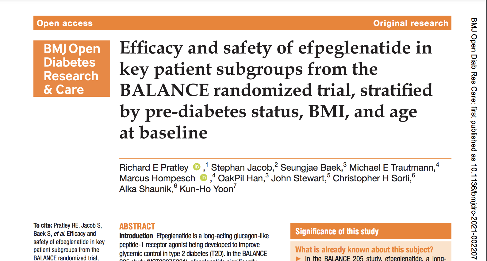 Efficacy and safety of efpeglenatide in key patient subgroups from the BALANCE randomized trial, stratified by pre-diabetes status, BMI, and age at baseline thumbnail