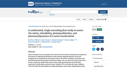 A randomized, single ascending dose study to assess the safety, tolerability, pharmacokinetics, and pharmacodynamics of a novel insulin dimer thumbnail
