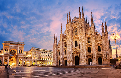 View of church in Milan at dusk with no one in the street
