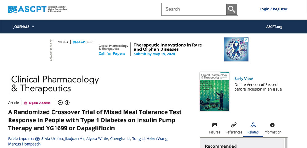 A Randomized Crossover Trial of Mixed Meal Tolerance Test Response in People with Type 1 Diabetes on Insulin Pump Therapy and YG1699 or Dapagliflozin thumbnail